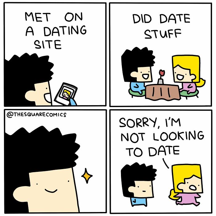 Artist Made Comics: A man and woman meet on a dating site, do date stuff, then the woman says she's not looking to date in this comic.