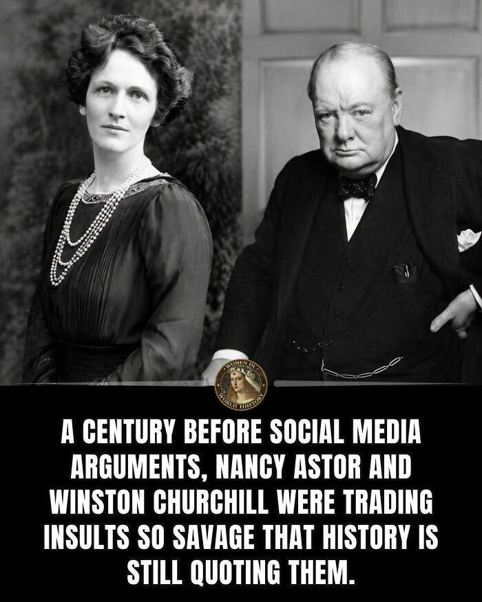 A black and white photo of Nancy Astor, an overlooked woman in history, next to Winston Churchill, with text about their legendary arguments.
