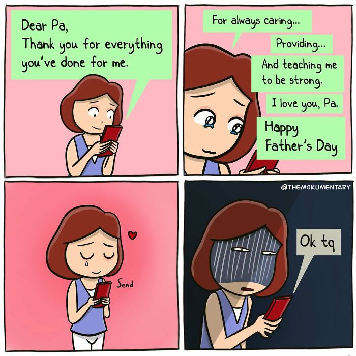 A Mokumentary comic strip shows a woman sending a heartfelt Father's Day message and receiving a short reply, capturing the awkward side of everyday life.