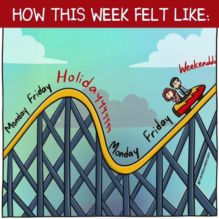 A Mokumentary comic strip illustrates a week on a rollercoaster with holidays and weekends, capturing the awkward side of everyday life.