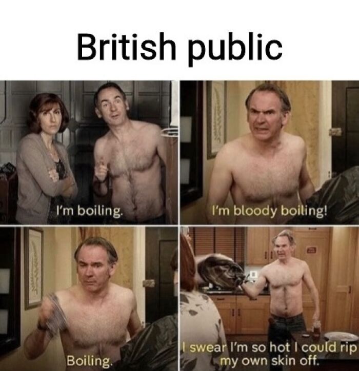 Funny meme about summer heat, showing a man expressing his discomfort about the heat in four panels.
