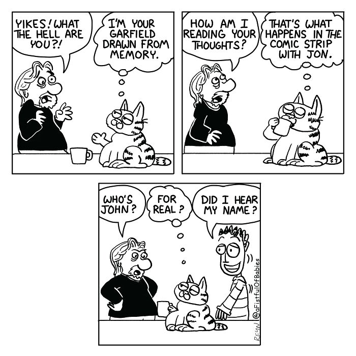 Funny cartoon: A man, a cat like Garfield, and Jon have a humorous conversation about thoughts and memory.