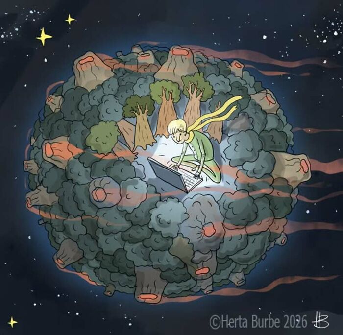 Herta Burbė comics illustration of a small prince on a planet, brightening your day.