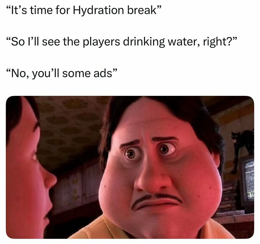 A World Cup meme featuring a man with puffed cheeks, expressing shock about seeing ads during a hydration break instead of players drinking.