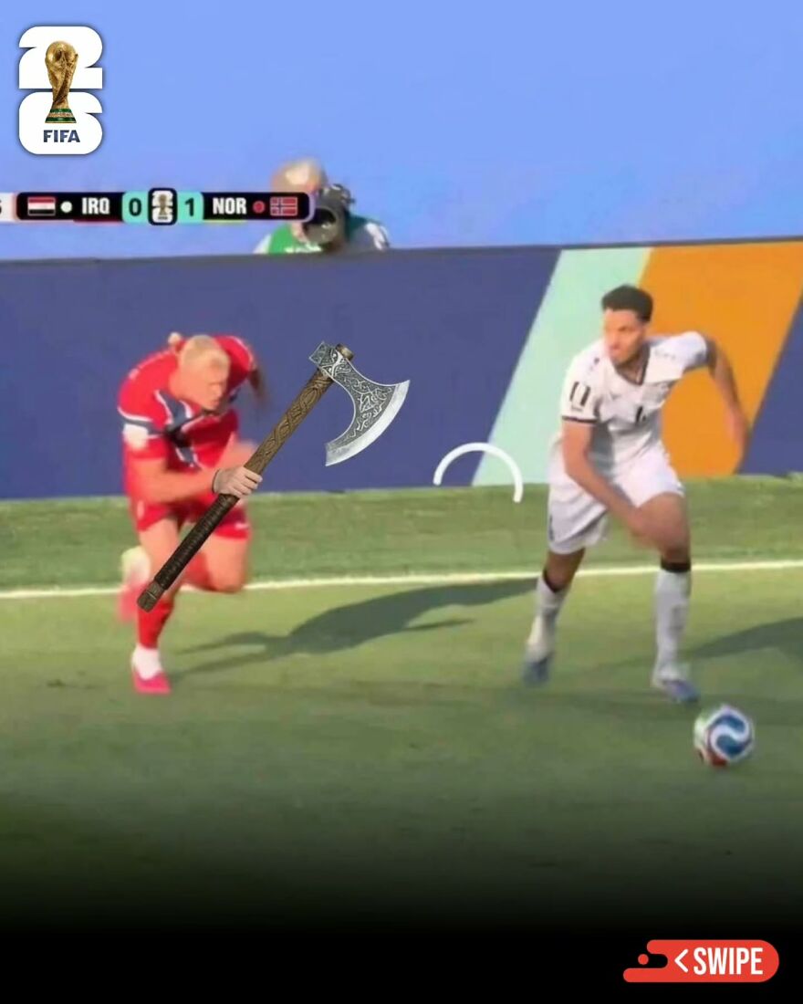 Hilarious World Cup meme of Haaland with an axe, depicting chaotic intensity on the field.