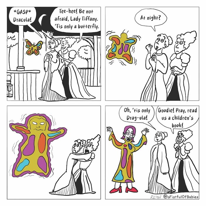 Funny cartoons with Dracula transforming into Drag-ula, bringing absurd humor to a classic character.