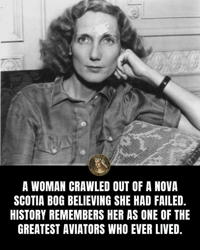 A black and white photo of a woman with a bandage on her forehead, an overlooked figure in history, resting her hand on her head, with text about her being a great aviator.
