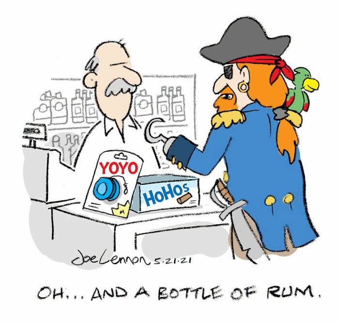 A Joe Lennon comic depicts a pirate with a hook hand buying a yoyo and HoHos from a cashier.