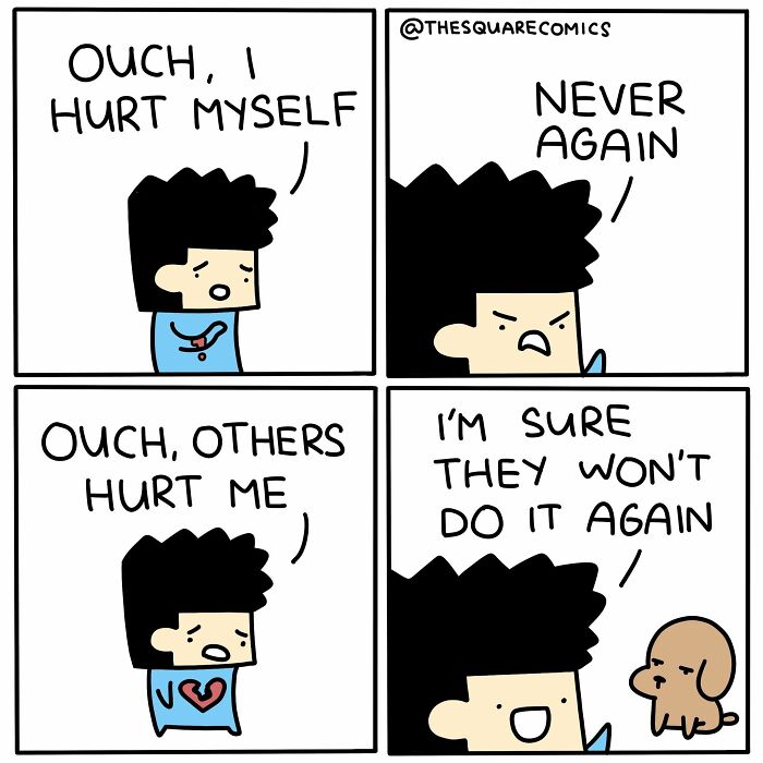 Artist Made Comics: A man vows Never Again after hurting himself, but believes others won't do it again, highlighting humorous complaints.