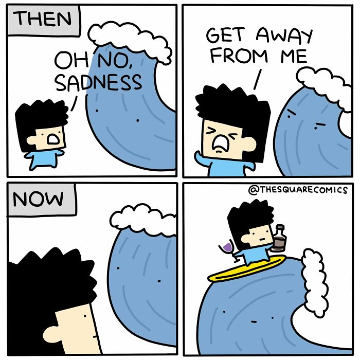 Artist Made Comics: A man initially fears Sadness, represented by a wave, but later surfs on it with wine, illustrating coping with complaints.