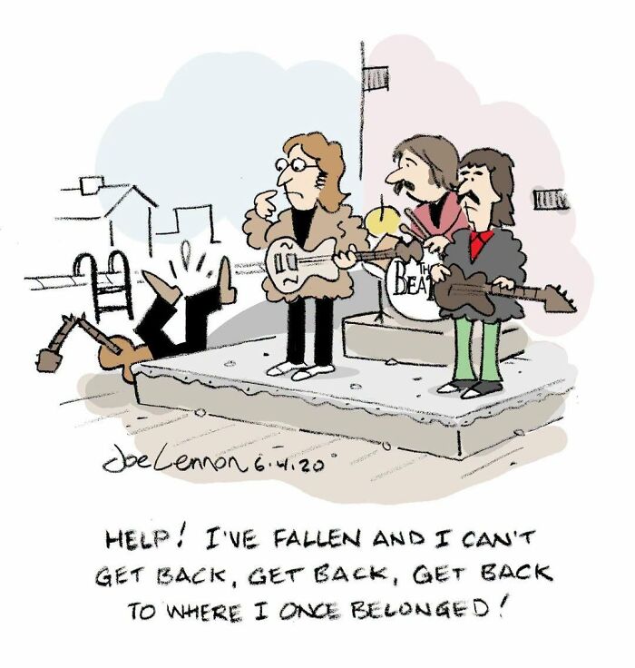 Hilariously awkward comic by Joe Lennon: A Beatle falls on stage while the band plays, exclaiming, Help! I've fallen!