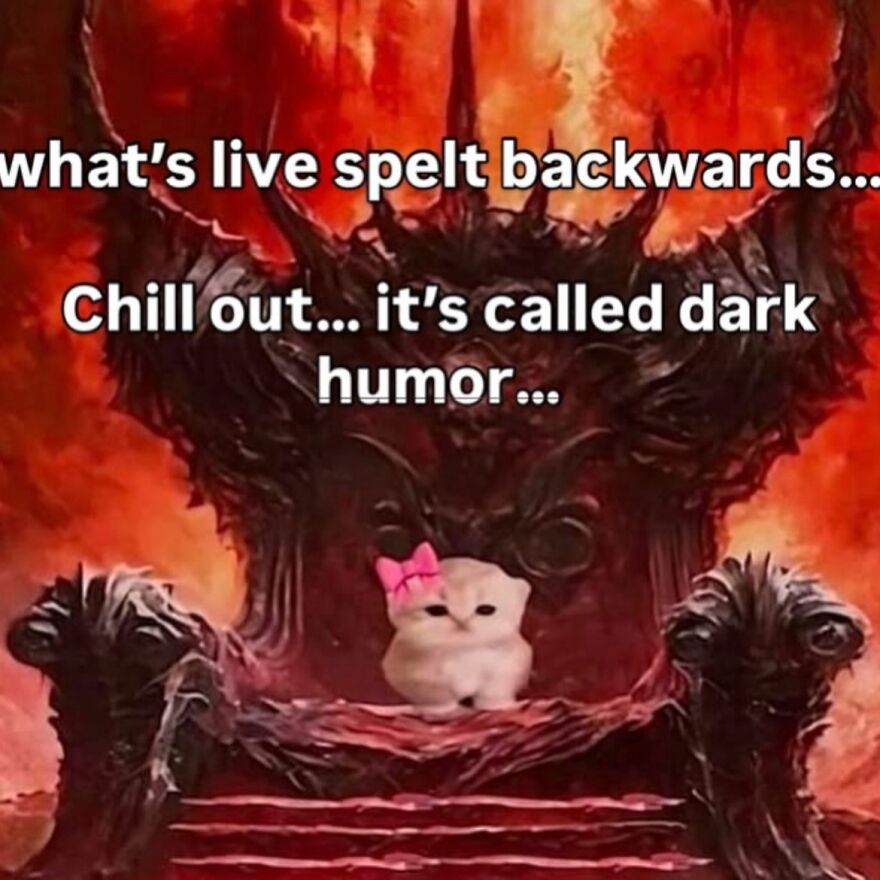 A hilariously unhinged screenshot of a tiny kitten with a pink bow sitting on a demonic throne, with dark humor text.