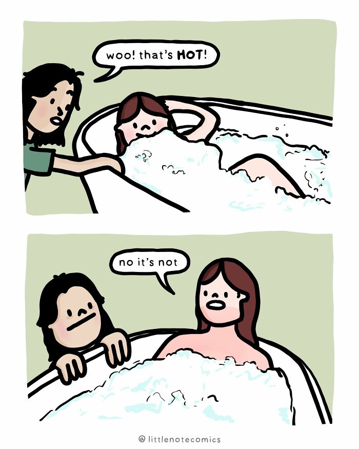Artist illustrates relatable comics about relationship quirks, featuring a character in a bath and another person.