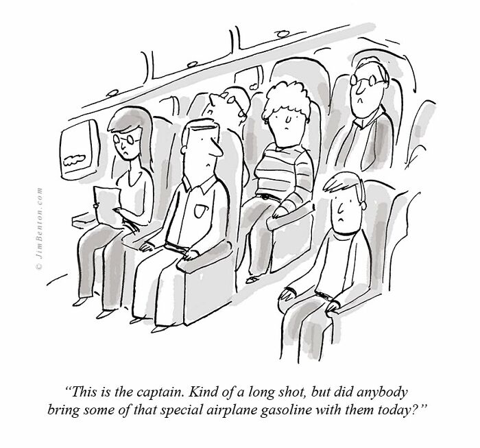 A New Yorker cartoon shows passengers on an airplane listening to the captain. The cartoon captures everyday absurdity.
