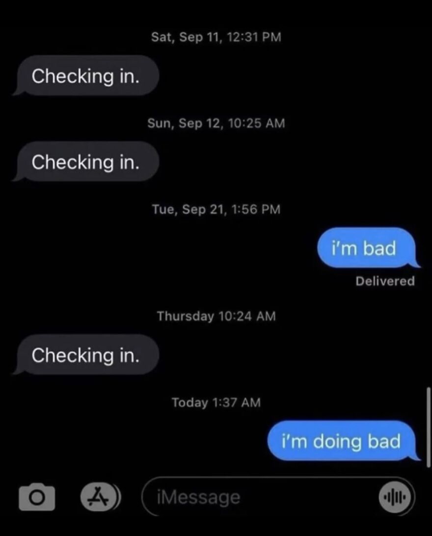 A hilariously unhinged screenshot of text messages over several days with intermittent check-ins and I'm bad replies.