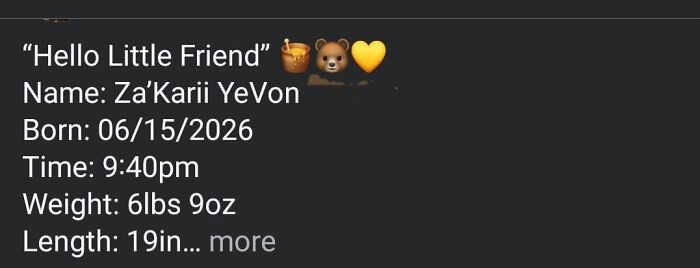 A social media post with the birth announcement of Za'Karii YeVon, including date, time, weight, and length. An example of abominable names.
