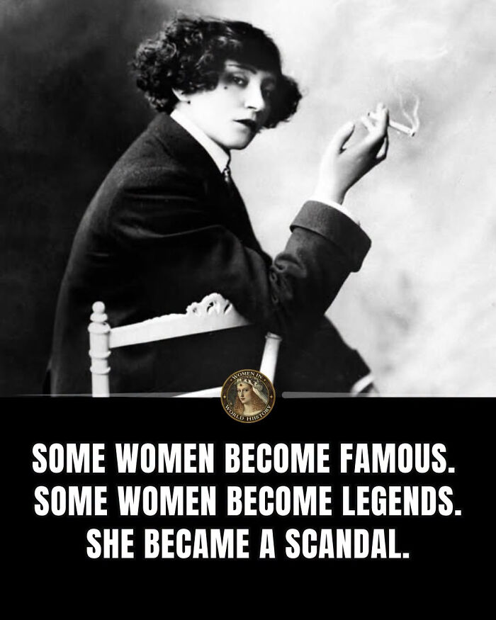 A black and white image of a woman smoking, with text discussing how she became a scandal, featuring overlooked women in history.