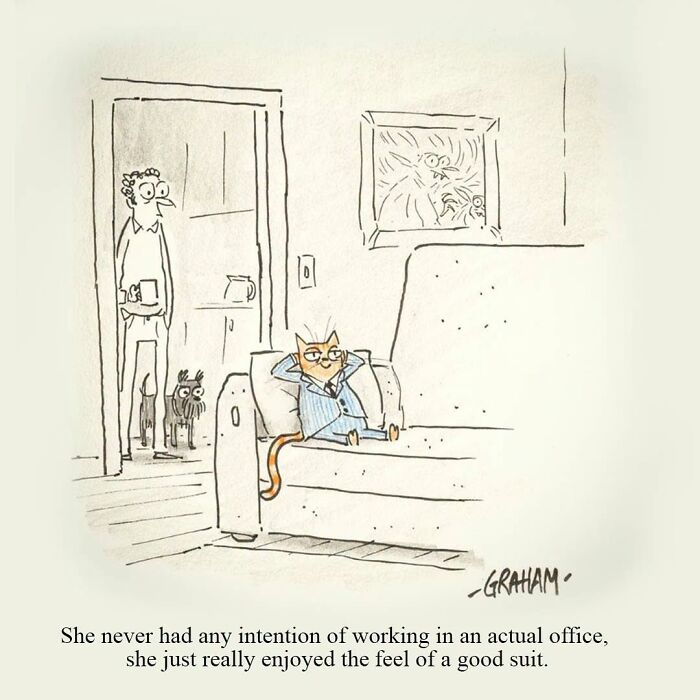 A delightfully weird cat comic showing a cat in a suit lounging on a couch, perfectly capturing why felines rule.