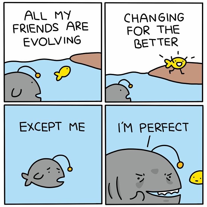 Comics showing an anglerfish's perspective on its evolving friends and its own perfection.