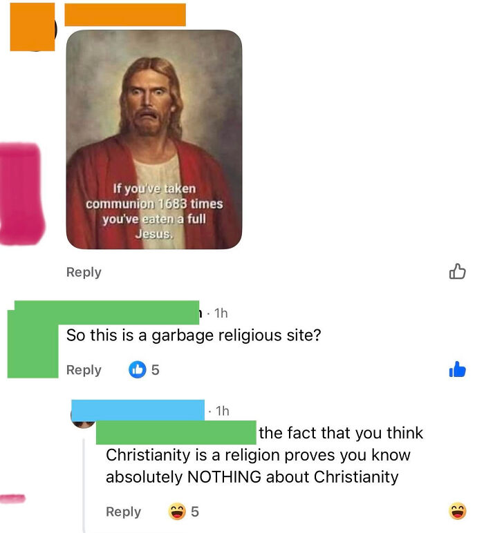 A social media post with a meme about eating Jesus, followed by a comment debate about Christianity, highlighting online know-it-alls.