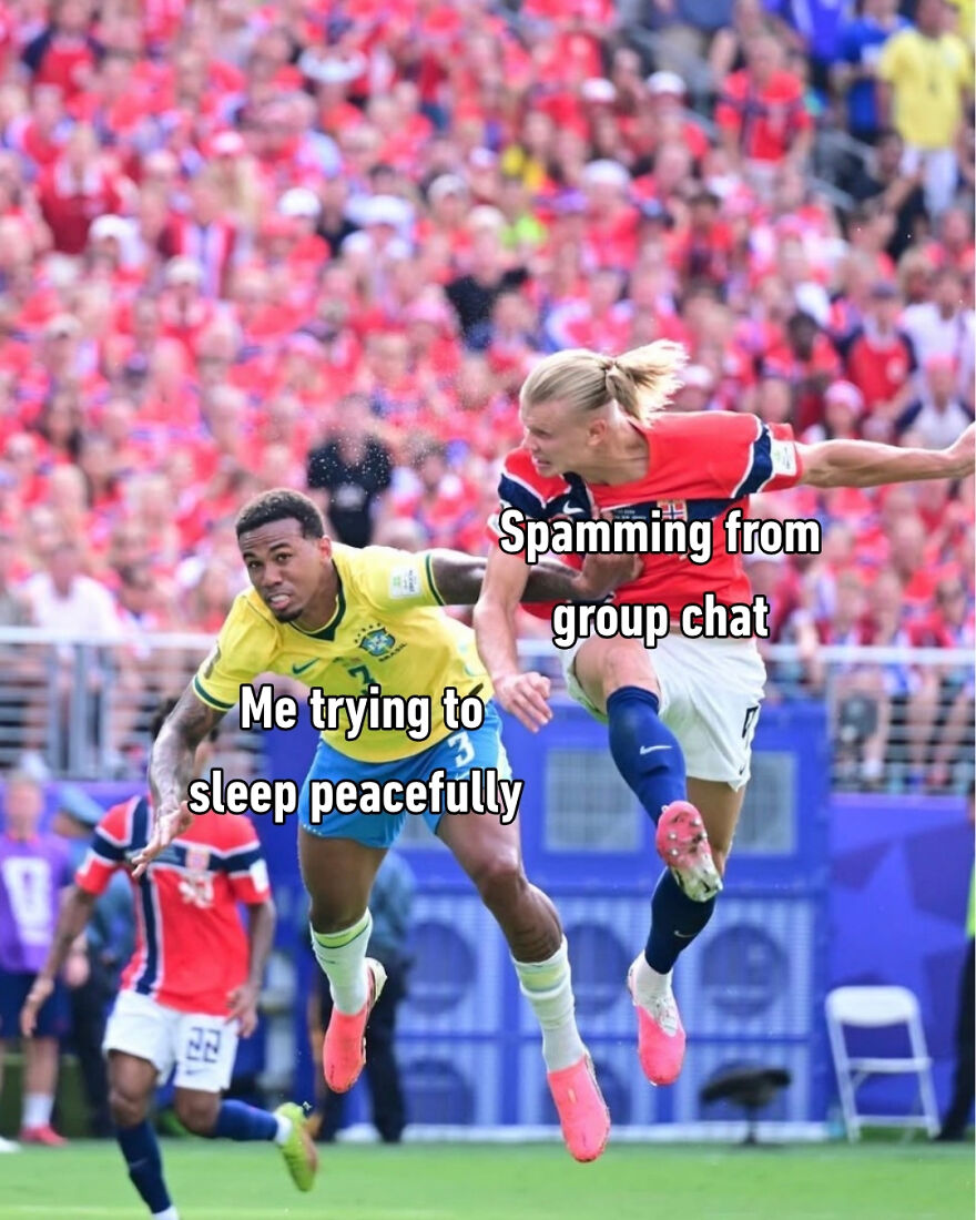 Hilarious World Cup meme of Haaland representing group chat spam, disrupting peaceful sleep.