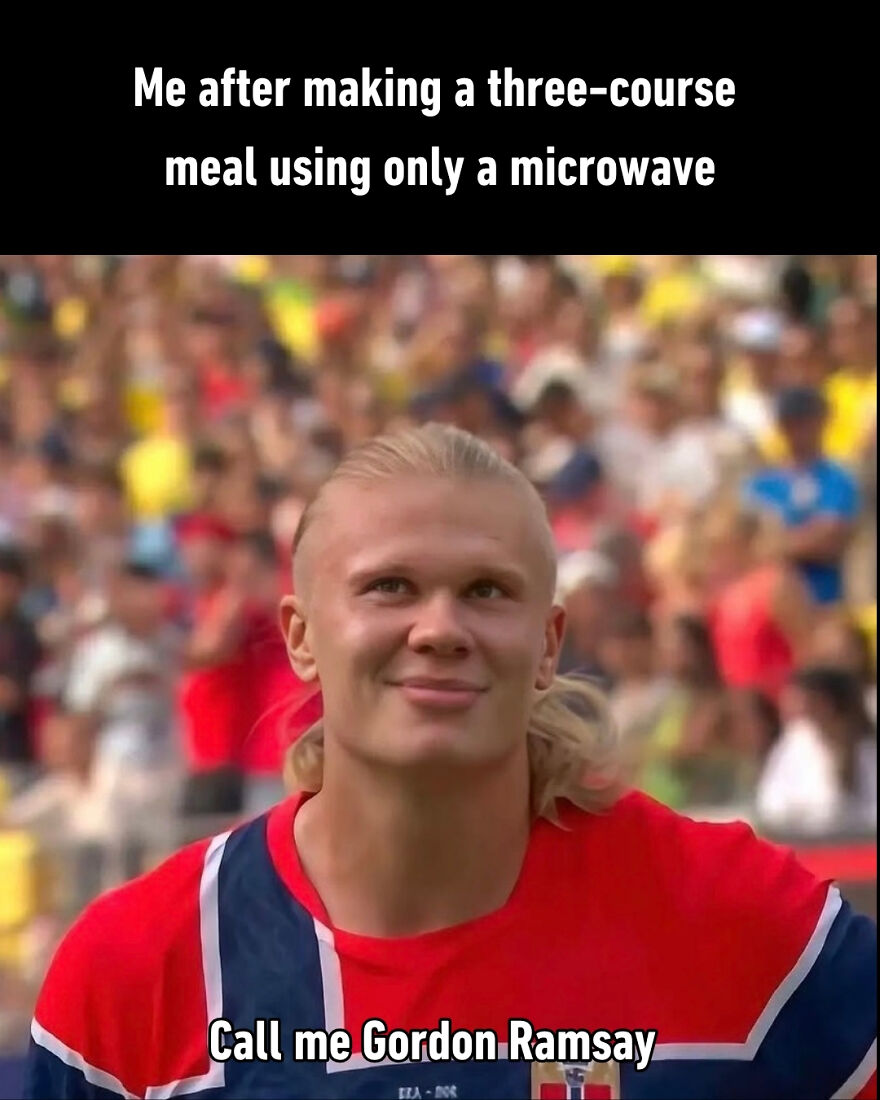 A World Cup meme showing Haaland in a jersey, smiling confidently, saying Call me Gordon Ramsay.