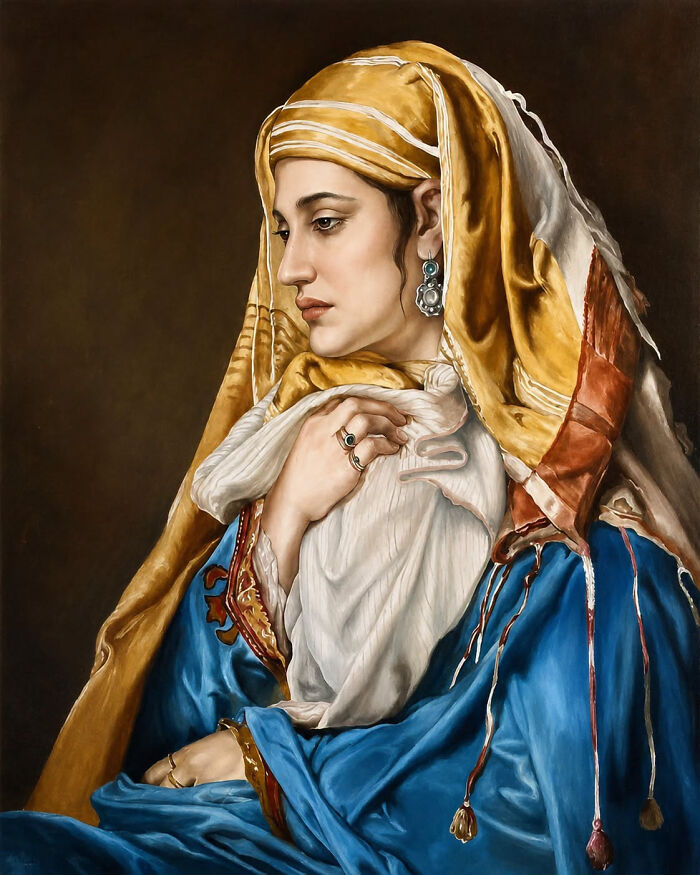 A detailed painting of an overlooked woman in history, with a gold headscarf and blue dress.