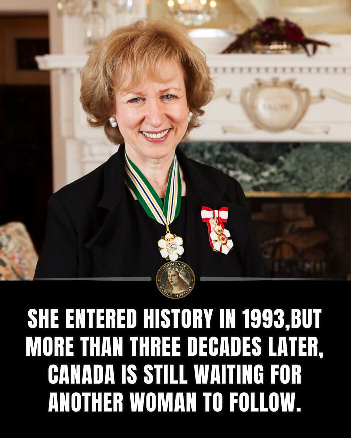 Kim Campbell, one of the overlooked women in history, smiles wearing medals. Text highlights her historical entry.