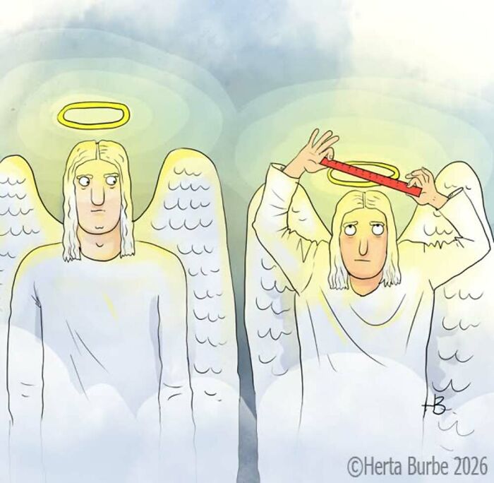 Herta Burbė comics illustration of angels comparing halo sizes, brightening your day.