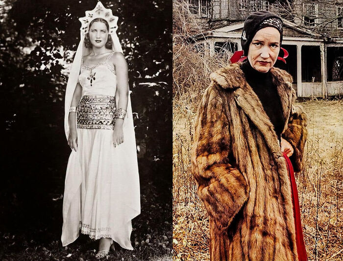A split image showing a woman in a white dress and crown on the left, and a woman in a fur coat on the right, both overlooked women.