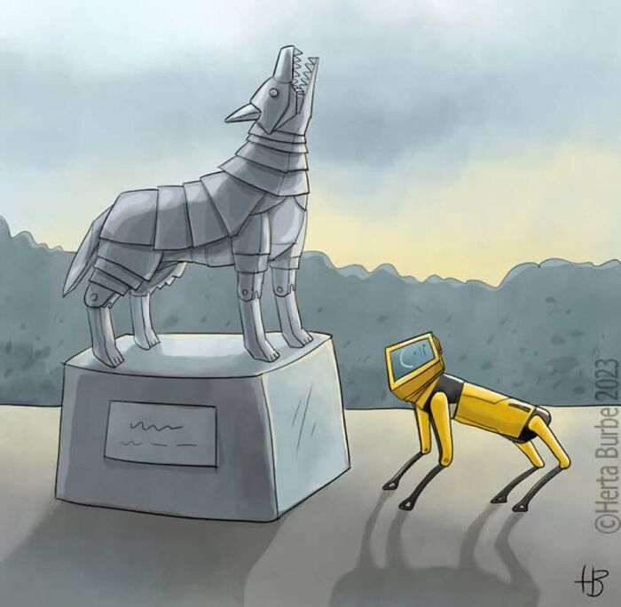 Herta Burbė illustration: A robotic dog looking at a statue of a howling wolf, a modern take on art.