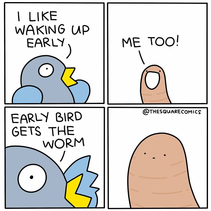 New comics with a bird and a worm, illustrating the early bird gets the worm phrase.
