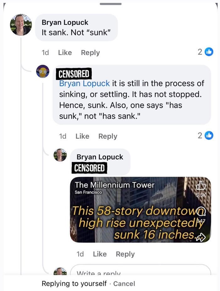 A social media user correcting someone's grammar regarding the words sank and sunk, showing a know-it-all moment.