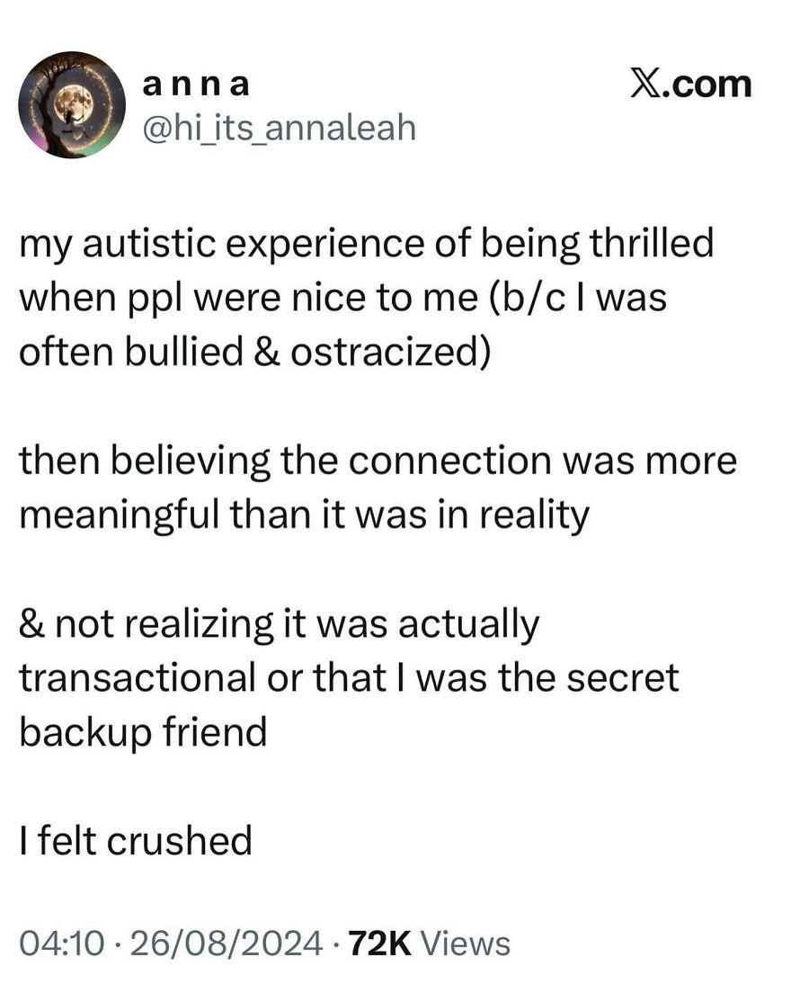 A social media post about the autistic experience of being misunderstood and feeling crushed by transactional connections.