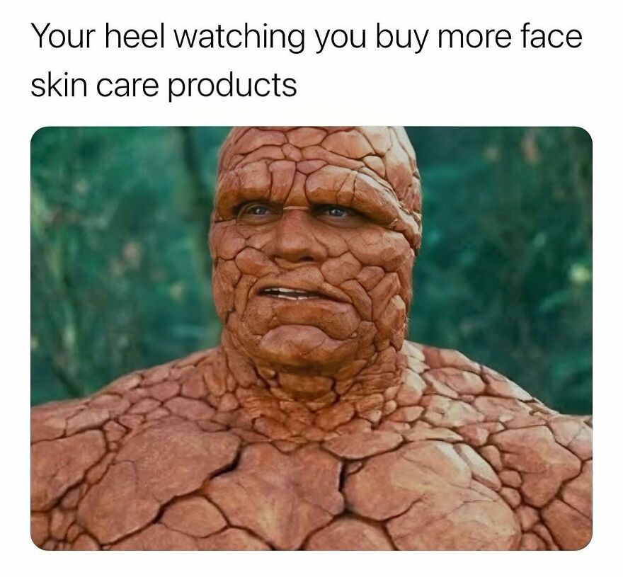 A close-up of The Thing from Fantastic Four, with his rocky skin, representing how '90s babies look at face skin care products.