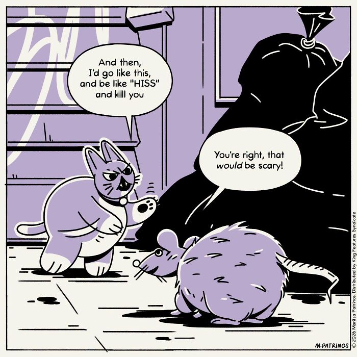 Cartoon of cats with jobs, showing a cat comically threatening a rat.