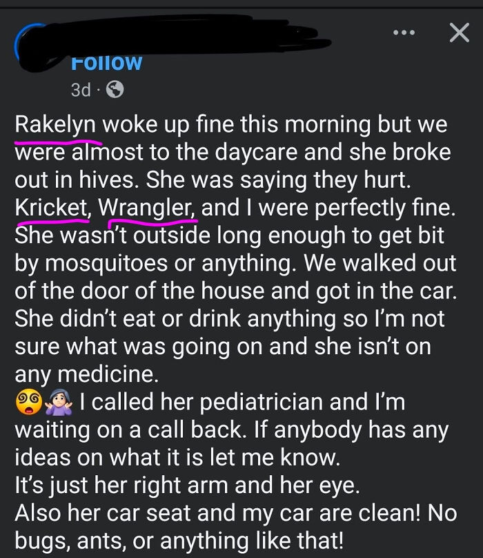 A social media post where a parent expresses concern about their child, Rakelyn, breaking out in hives after hearing other children's unusual names like Kricket and Wrangler. An example of abominable names.