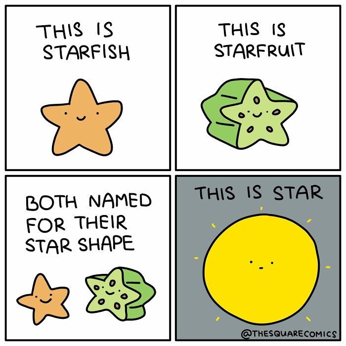 New comic featuring a starfish, starfruit, and a sun, making people laugh at common things.