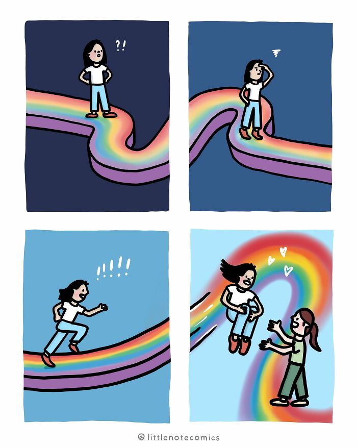 Artist illustrates cute comics featuring relationship quirks, showing a character running on a rainbow path.