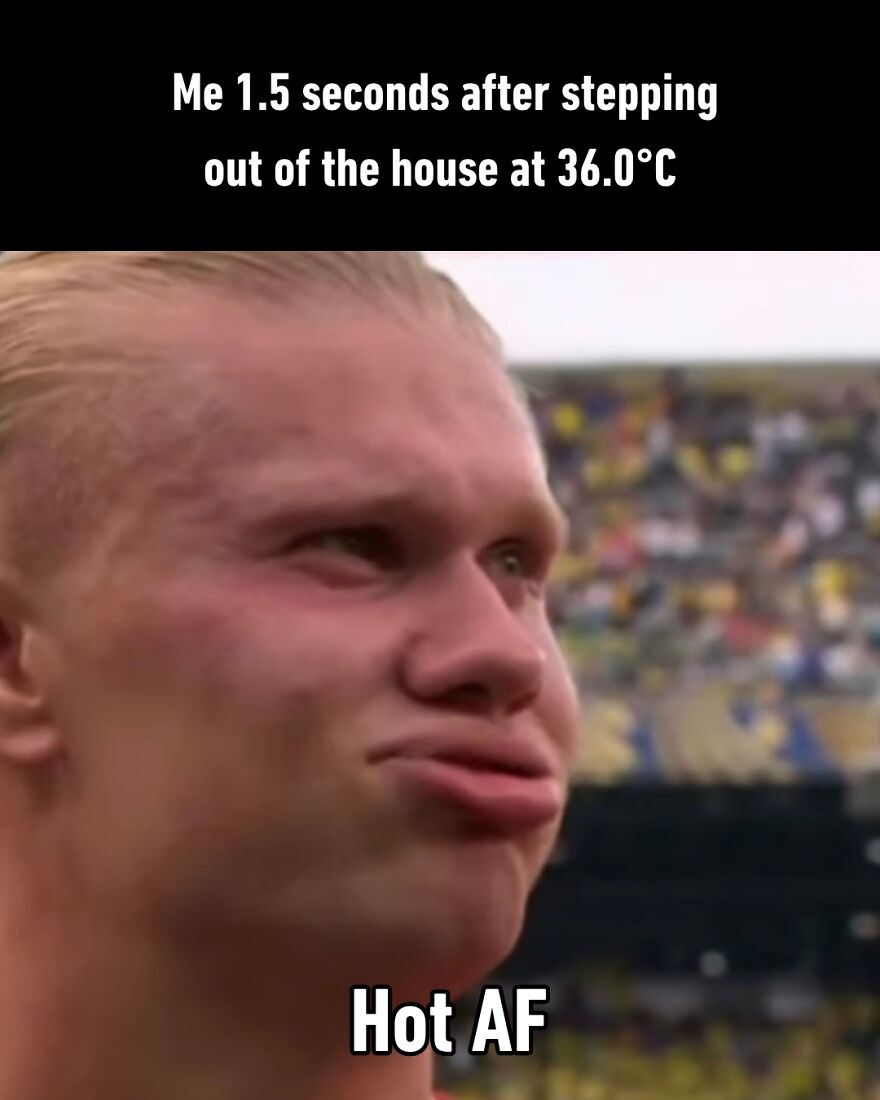 A World Cup meme showing a football player with a puckered face, representing the feeling of extreme heat at 36.0°C.