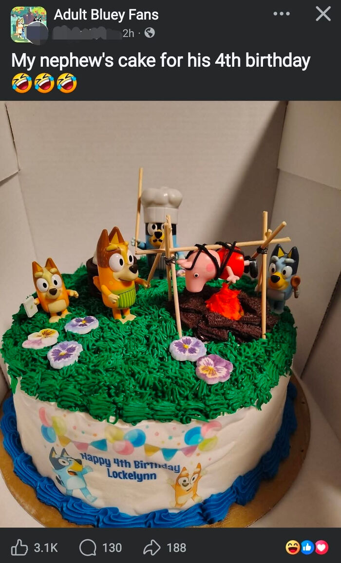 A birthday cake with Bluey characters and the name Lockelynn, an example of unusual names parents might find less boring.
