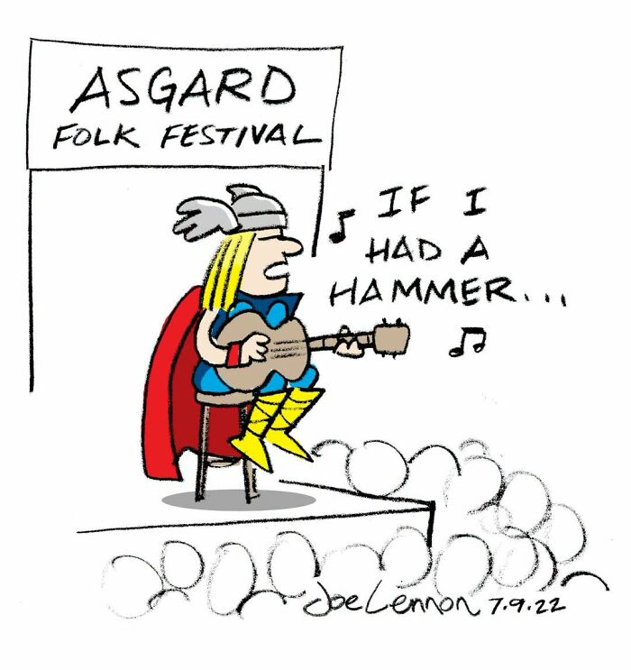 A Joe Lennon comic features Thor, with long blonde hair, playing guitar at the Asgard Folk Festival.
