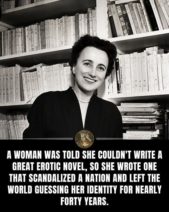 A black and white photo of a smiling woman in front of a bookshelf, highlighting women overlooked in history.