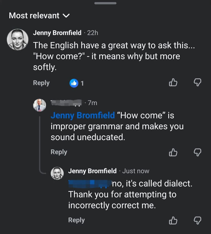 A know-it-all on social media incorrectly correcting another user about the phrase how come and dialect.