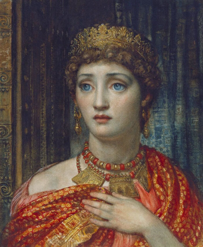 A painting of a woman with red hair, blue eyes, and a golden crown and jewelry, representing overlooked women in history.