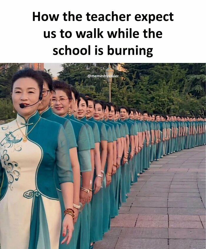 A long line of women in traditional dresses, representing teacher expectations during a fire, a hilarious post by Xavier.