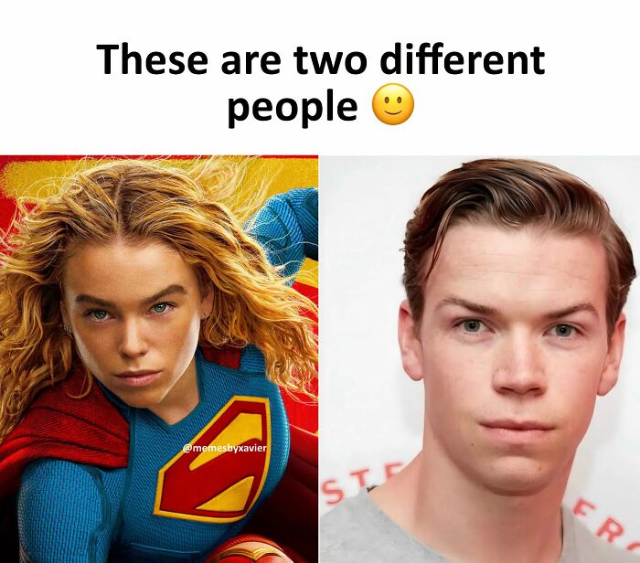 A split image highlighting two different people, a meme from Xavier featuring Supergirl and Will Poulter.