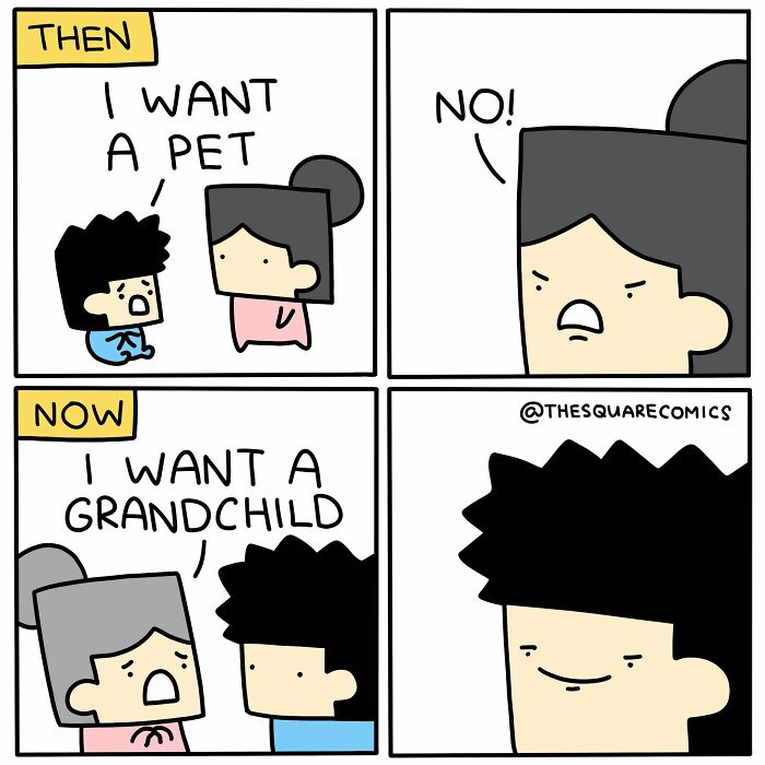 Humorous comic showing a person wanting a pet then a grandchild, making people laugh at common complaints.