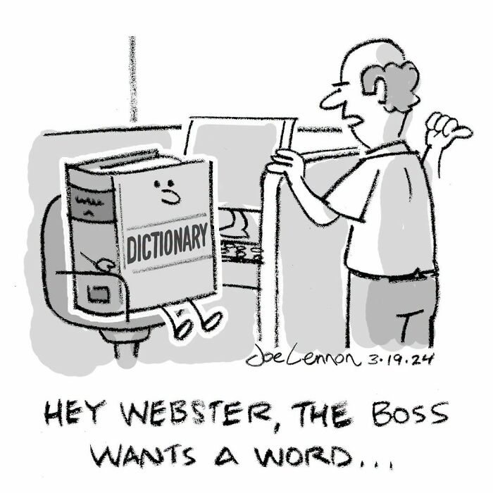 A Joe Lennon comic shows a man confronting a walking dictionary with a briefcase, asking for a word.