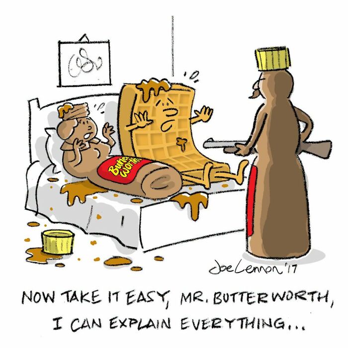 A Joe Lennon comic features Mr. Butterworth with a gun, surprising a waffle and Butter Woman in bed.